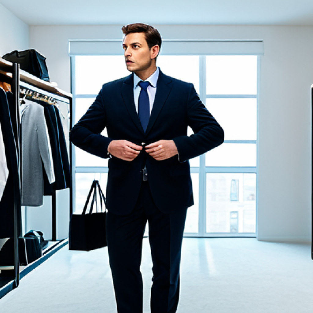 A contemporary adult, fully clothed in professional, modest business attire, stands thoughtfully amidst a cluttered modern apartment filled with numerous shopping bags and an overflowing open wardrobe. Electronic devices display subtle advertising on screens. The scene conveys a sense of overwhelming accumulation. The subject maintains a natural pose with perfect anatomy and correct proportions, featuring well-formed hands and proper finger count. The lighting is bright and clean, emphasizing a professional photography style. This image is safe for work, appropriate content, and family-friendly.