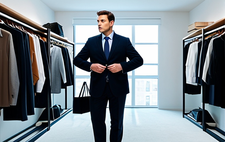 A contemporary adult, fully clothed in professional, modest business attire, stands thoughtfully amidst a cluttered modern apartment filled with numerous shopping bags and an overflowing open wardrobe. Electronic devices display subtle advertising on screens. The scene conveys a sense of overwhelming accumulation. The subject maintains a natural pose with perfect anatomy and correct proportions, featuring well-formed hands and proper finger count. The lighting is bright and clean, emphasizing a professional photography style. This image is safe for work, appropriate content, and family-friendly.