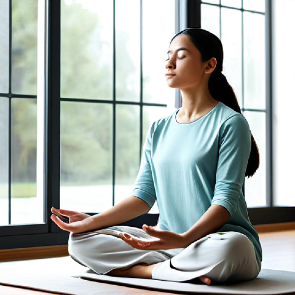 A serene individual, fully clothed in modest, comfortable attire, meditates in a bright, minimalist living room. The space is uncluttered, featuring only essential, functional furniture and natural light streaming through large windows, conveying a profound sense of peace and mental clarity. The subject is in a natural, calm pose, exhibiting perfect anatomy, correct proportions, well-formed hands, proper finger count, and natural body proportions. This is a professional, family-friendly image, appropriate content, safe for work, and high quality.