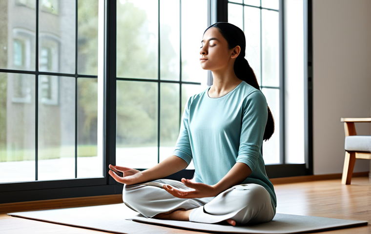 A serene individual, fully clothed in modest, comfortable attire, meditates in a bright, minimalist living room. The space is uncluttered, featuring only essential, functional furniture and natural light streaming through large windows, conveying a profound sense of peace and mental clarity. The subject is in a natural, calm pose, exhibiting perfect anatomy, correct proportions, well-formed hands, proper finger count, and natural body proportions. This is a professional, family-friendly image, appropriate content, safe for work, and high quality.