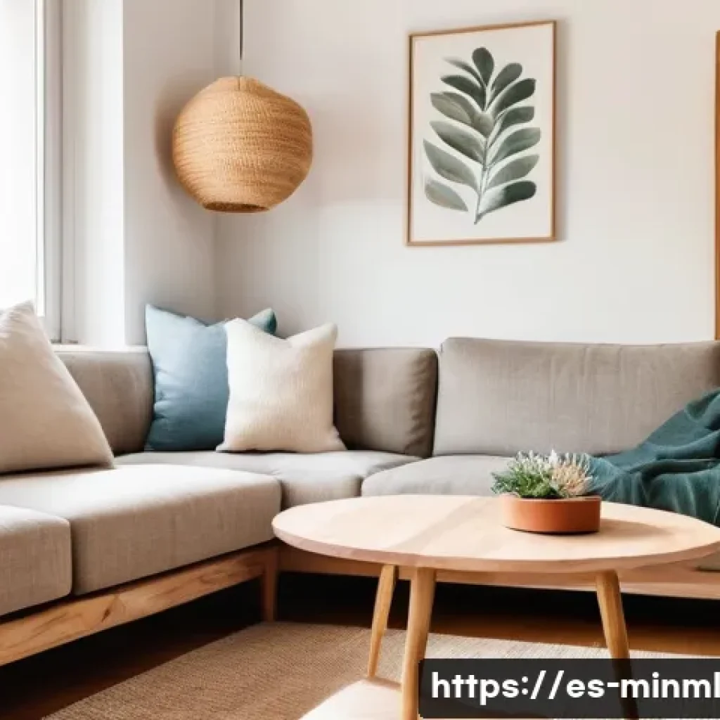 미니멀리즘 경제학의 역사적 배경 - A cozy, sunlit living room in a modern Spanish apartment, featuring minimalist decor with natural wo...