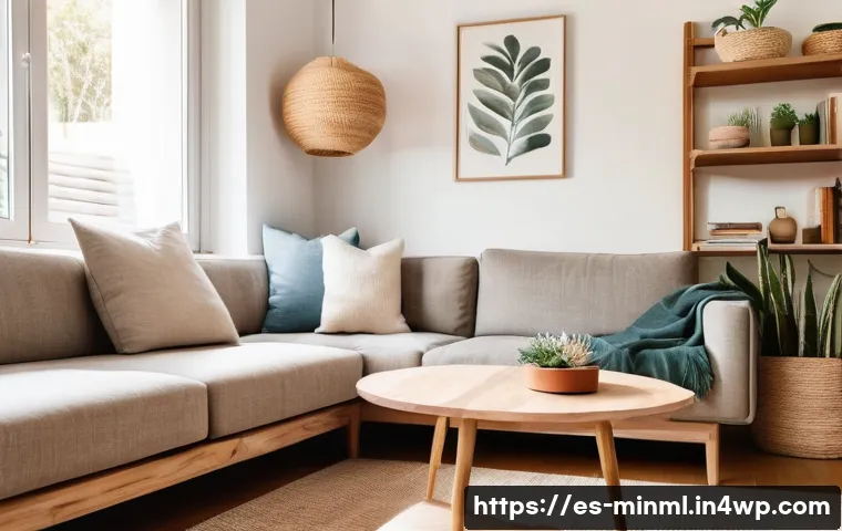 미니멀리즘 경제학의 역사적 배경 - A cozy, sunlit living room in a modern Spanish apartment, featuring minimalist decor with natural wo...