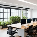 Home 20 미니멀리즘 경제학의 사례 성공적인 기업들 - A modern corporate office environment showcasing a diverse team of Hispanic professionals collaborat...