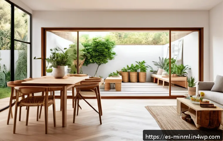 미니멀리즘 경제학과 생태 경제학 - A bright, minimalist Spanish home interior featuring natural light flooding through large windows, s...