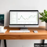 Home 18 미니멀리즘 경제학의 원칙을 따른 투자자 - A modern Spanish investor’s minimalist home office setup, featuring a sleek wooden desk with a lapto...