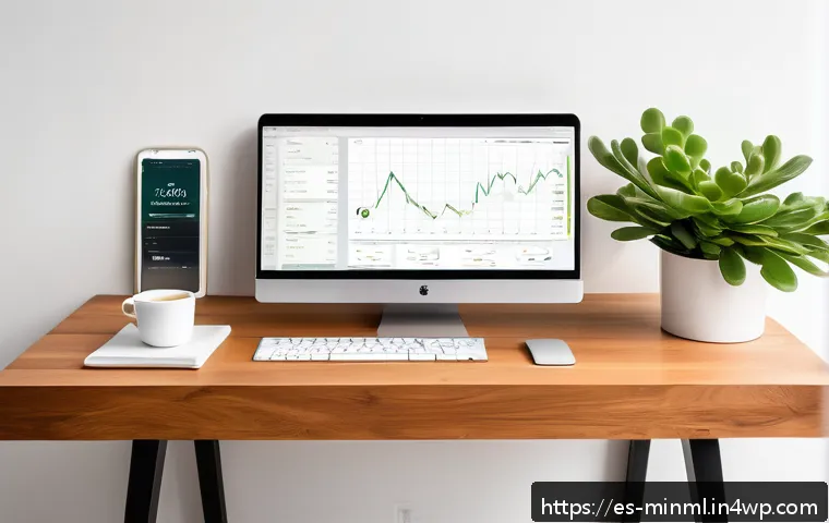 미니멀리즘 경제학의 원칙을 따른 투자자 - A modern Spanish investor’s minimalist home office setup, featuring a sleek wooden desk with a lapto...