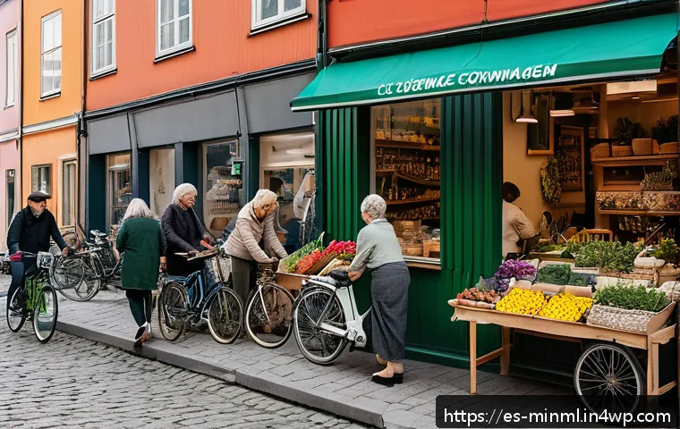 미니멀리즘 경제학의 국제적 사례 연구 - A vibrant European urban street market scene in Copenhagen featuring diverse adults and elderly peop...